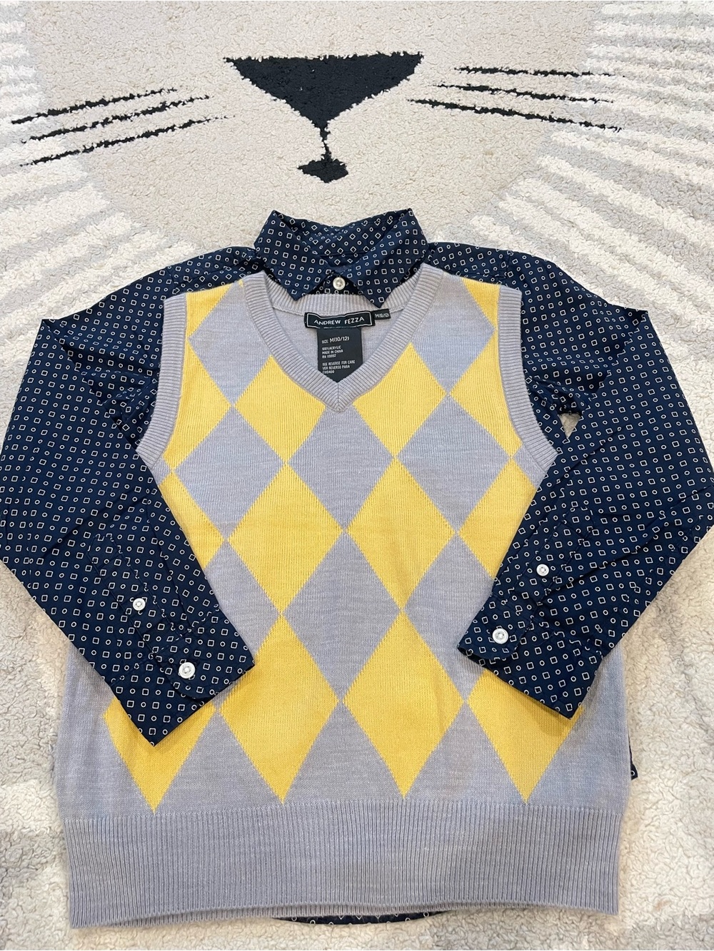 Andrew Fezza Gray and Yellow Argyle V-Neck Sweater Vest
